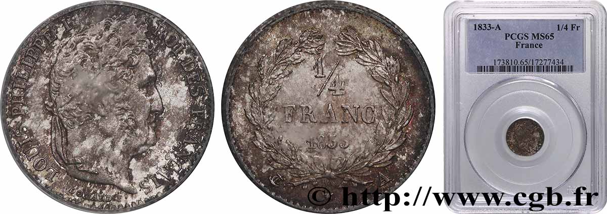 1/4 franc Louis-Philippe 1833 Paris F.166/30 FDC65 PCGS