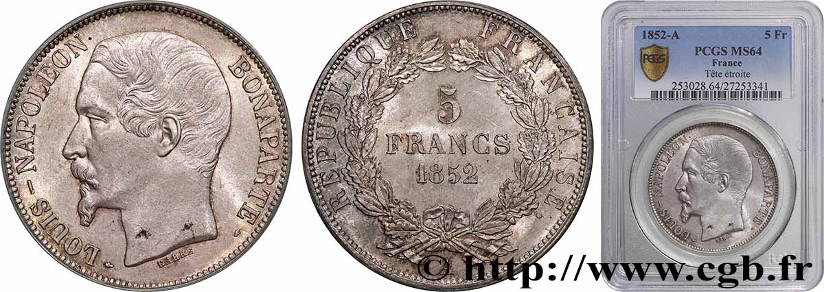5 francs Louis-Napoléon, 1er type 1852 Paris F.329/1 SPL64 PCGS