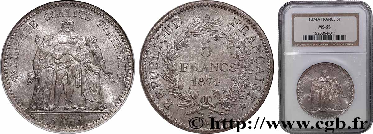 5 francs Hercule 1874 Paris F.334/12 FDC65 NGC