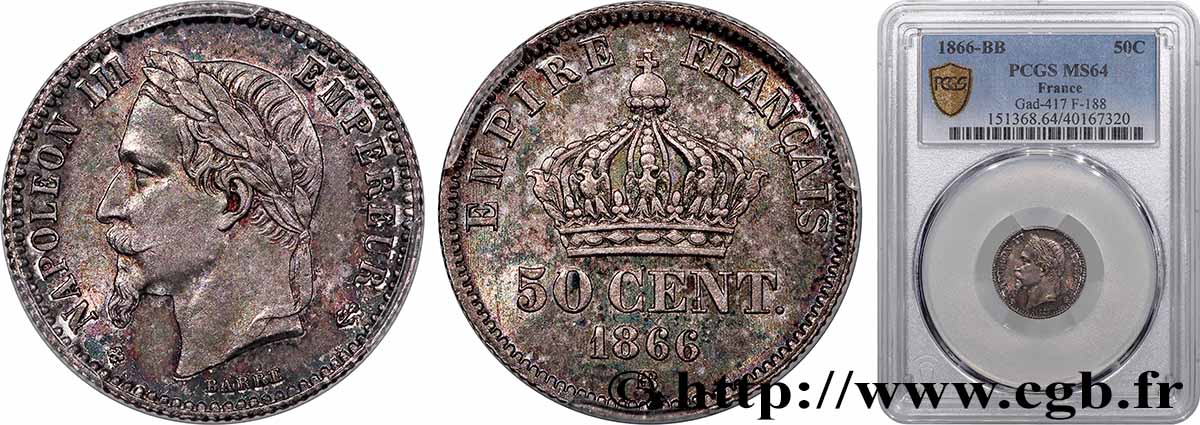 50 centimes Napoléon III, tête laurée 1866 Strasbourg F.188/10 SPL64 PCGS