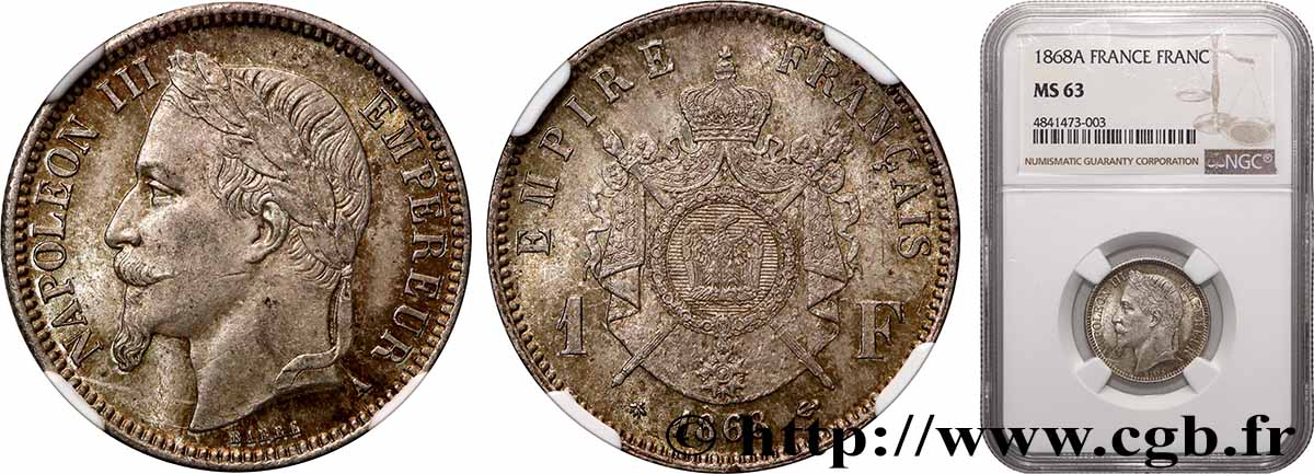 1 franc Napoléon III, tête laurée 1868 Paris F.215/10 SPL63 NGC