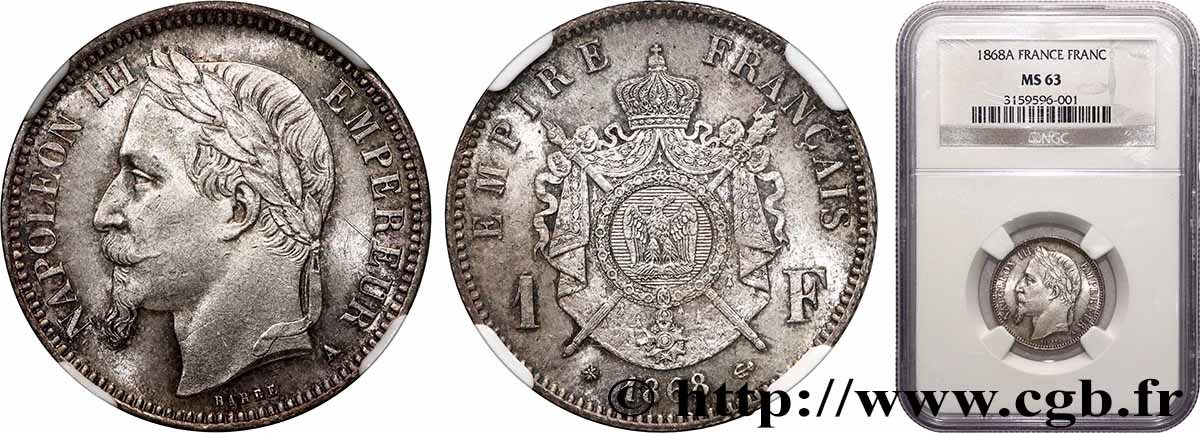 1 franc Napoléon III, tête laurée 1868 Paris F.215/10 SPL63 NGC