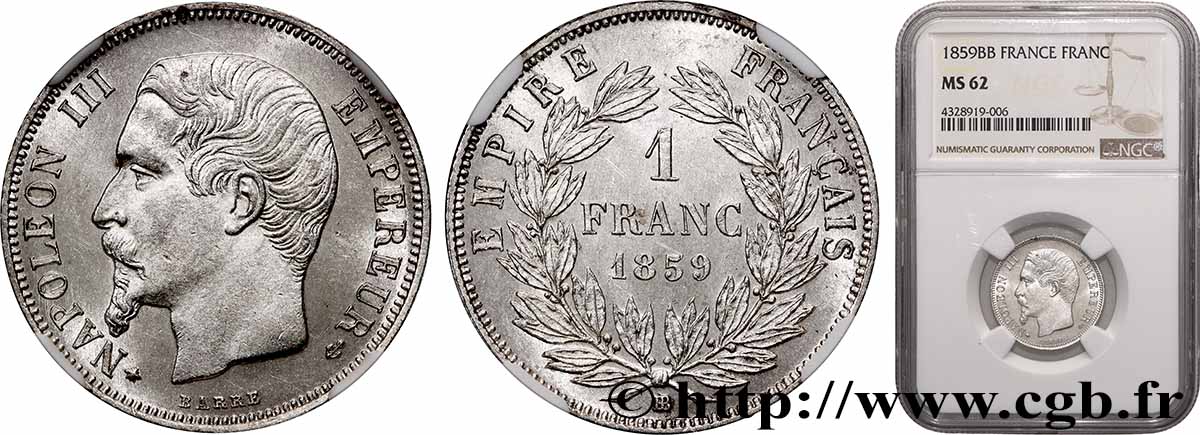 1 franc Napoléon III, tête nue  1859 Strasbourg F.214/13 SUP62 NGC