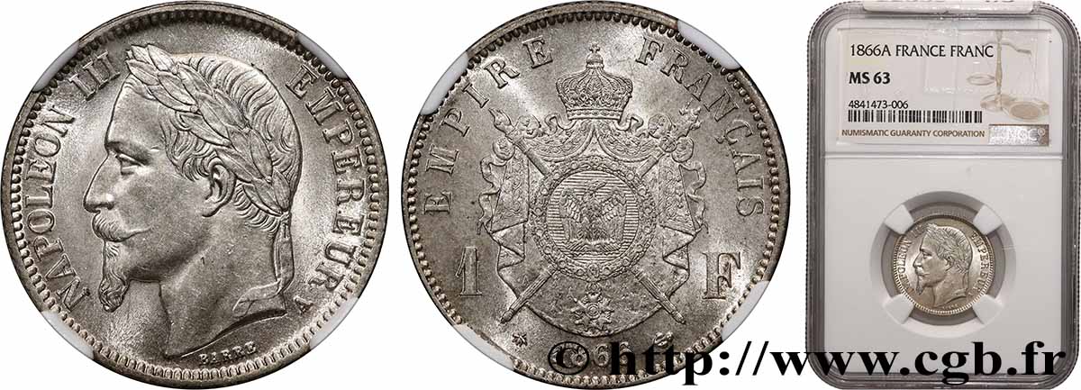 1 franc Napoléon III, tête laurée 1866 Paris F.215/3 SPL63 NGC