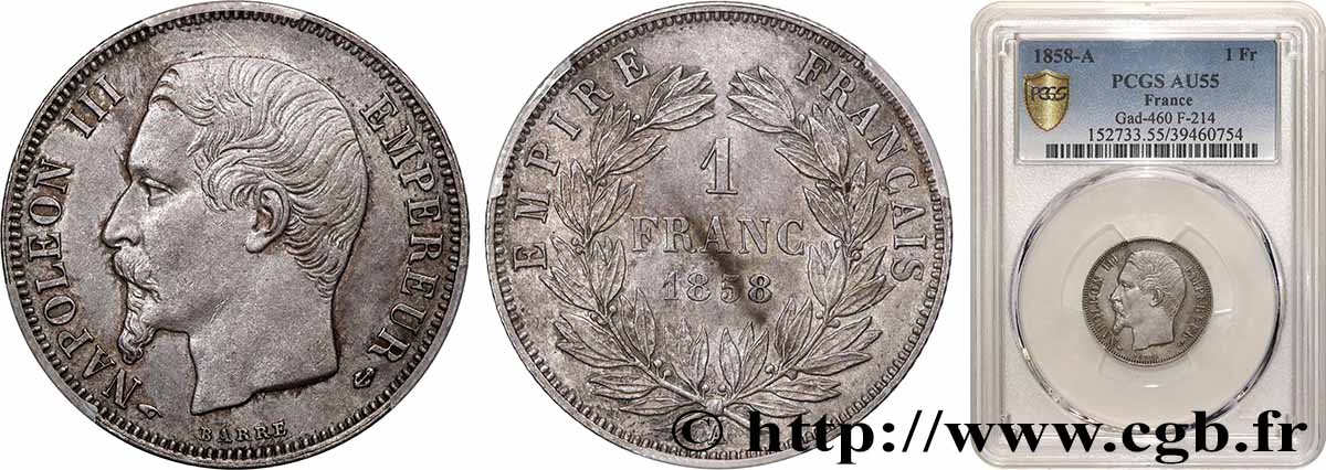 1 franc Napoléon III, tête nue 1858 Paris F.214/11 VZ55 PCGS