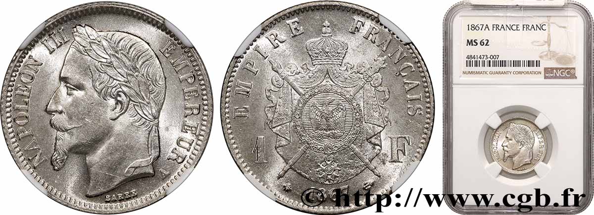 1 franc Napoléon III, tête laurée 1867 Paris F.215/6 EBC62 NGC