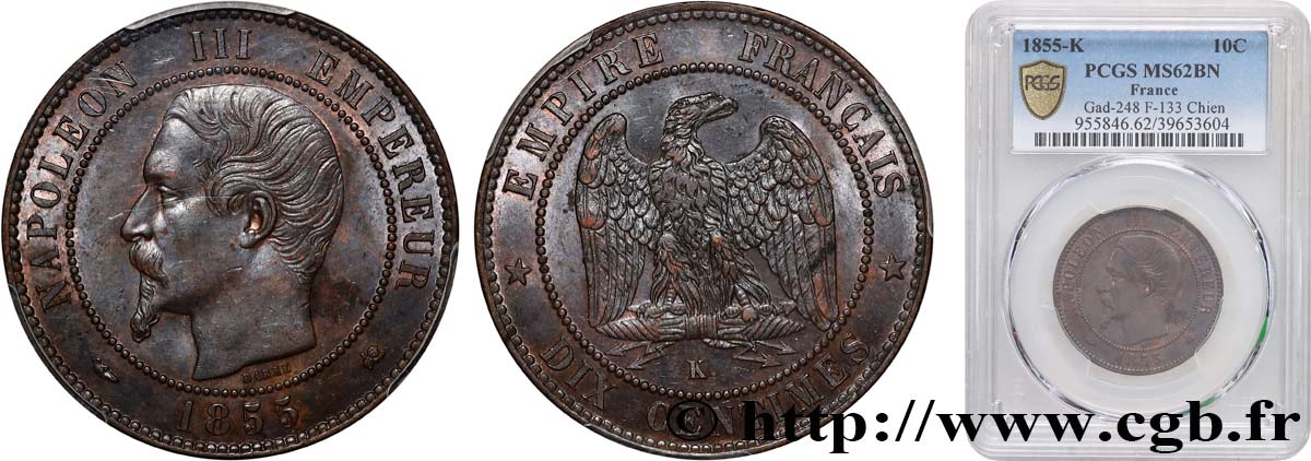 Dix centimes Napoléon III, tête nue 1855 Bordeaux F.133/27 MS62 PCGS