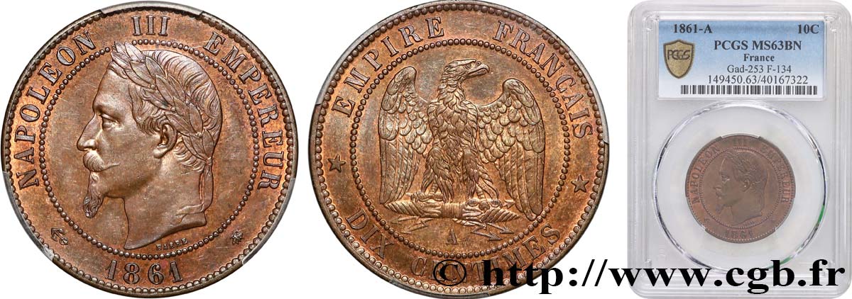 Dix centimes Napoléon III, tête laurée 1861 Paris F.134/4 fST63 PCGS