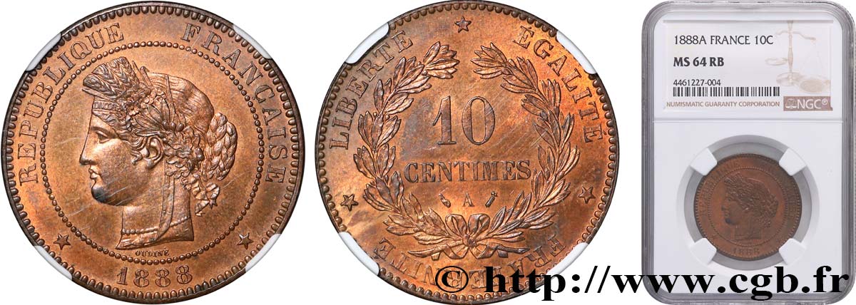 10 centimes Cérès 1888 Paris F.135/33 MS64 NGC