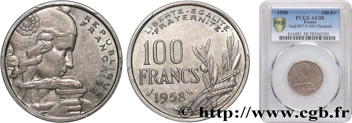 100 francs Cochet, chouette 1958  F.450/13 AU58 PCGS