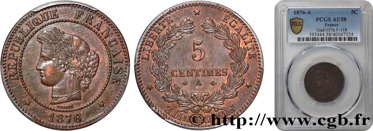 5 centimes Cérès 1876 Paris F.118/13 VZ58 PCGS
