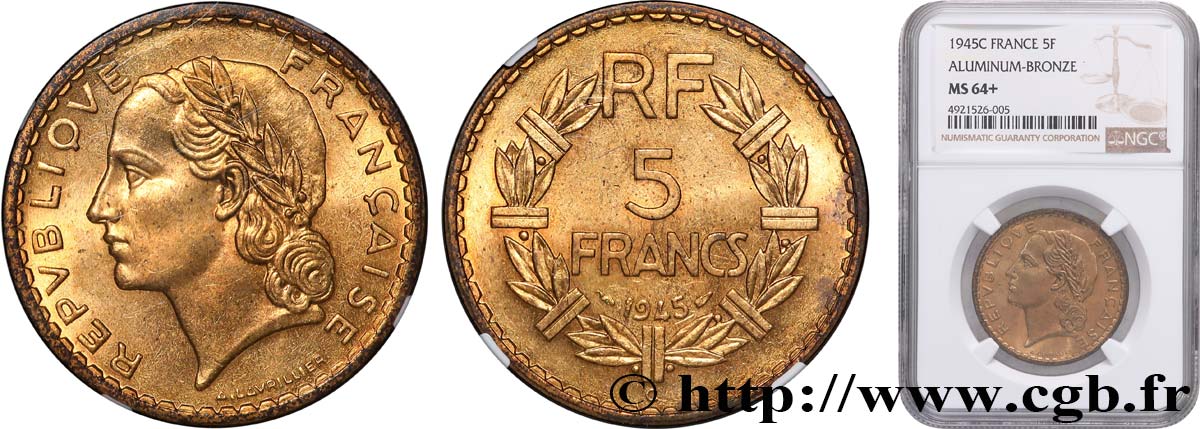 5 francs Lavrillier, bronze-aluminium 1945 Castelsarrasin F.337/6 MS64 NGC