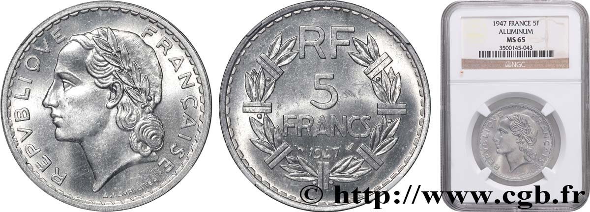 5 francs Lavrillier, aluminium 1947  F.339/9 FDC65 NGC