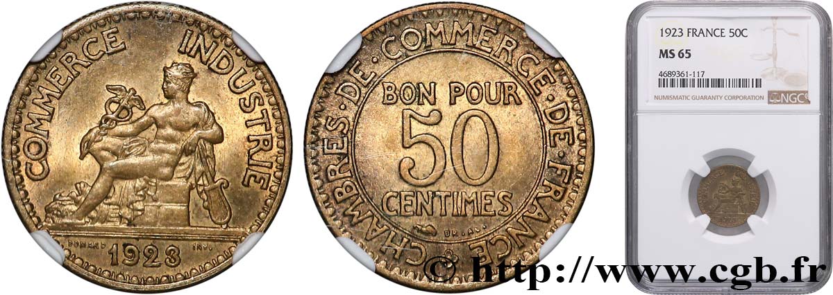50 centimes Chambres de Commerce 1923 Paris F.191/5 FDC65 NGC