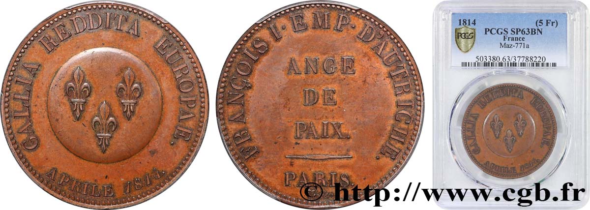 Ange de Paix, module de 5 francs pour François Ier d’Autriche 1814 Paris VG.2354  fST63 PCGS
