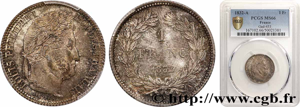 1 franc Louis-Philippe, couronne de chêne 1832 Paris F.210/1 MS66 PCGS