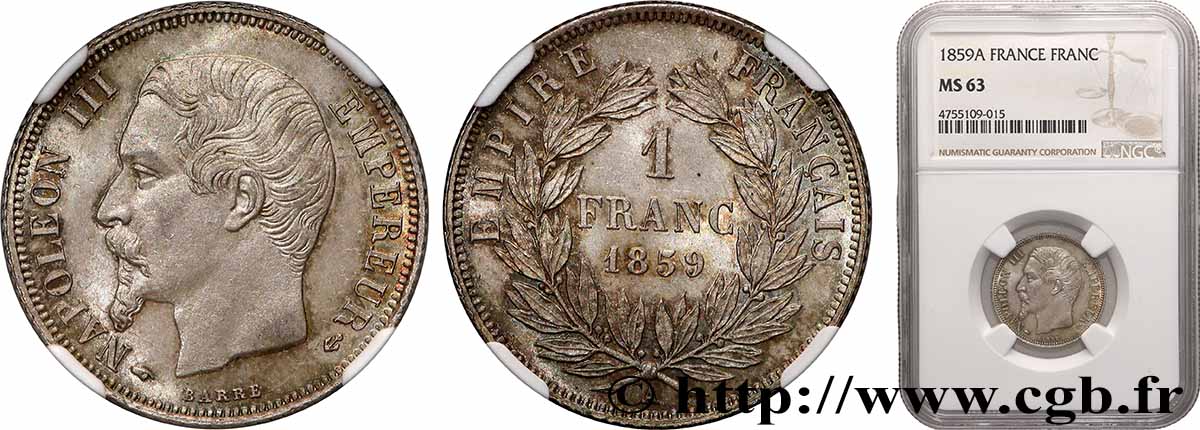 1 franc Napoléon III, tête nue 1859 Paris F.214/12 MS63 NGC