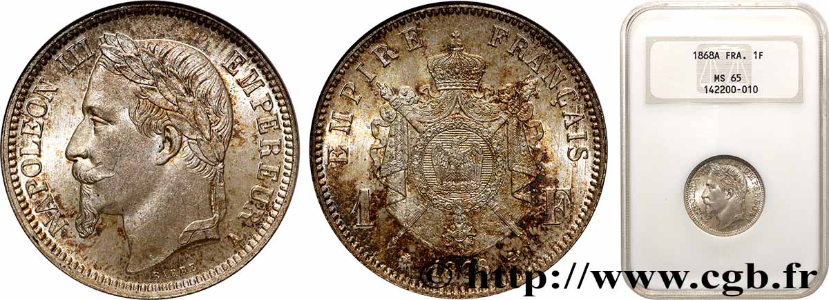 1 franc Napoléon III, tête laurée 1868 Paris F.215/10 ST65 NGC