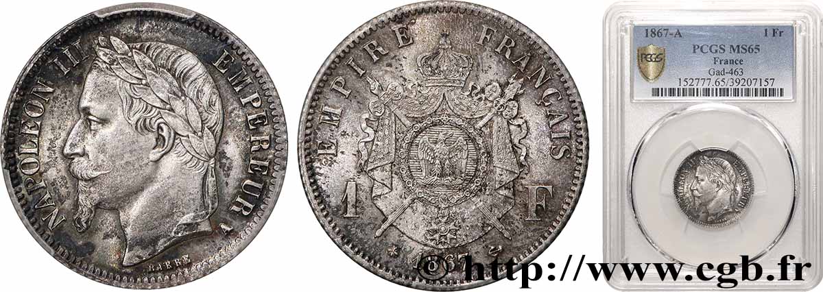1 franc Napoléon III, tête laurée 1867 Paris F.215/6 ST65 PCGS