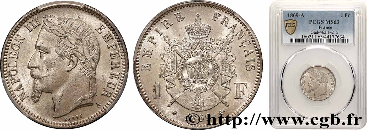 1 franc Napoléon III, tête laurée 1869 Paris F.215/14 SPL63 PCGS