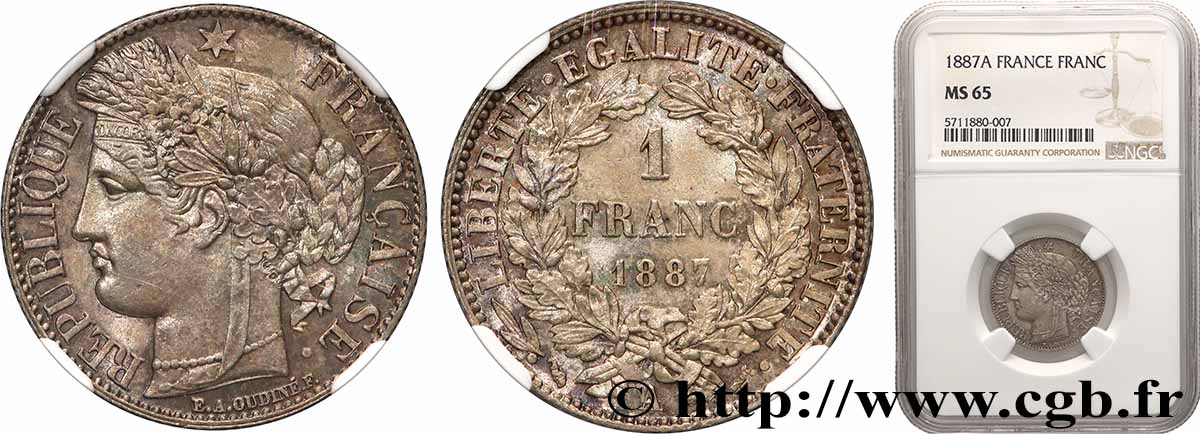 1 franc Cérès, IIIe République 1887 Paris F.216/9 FDC65 NGC