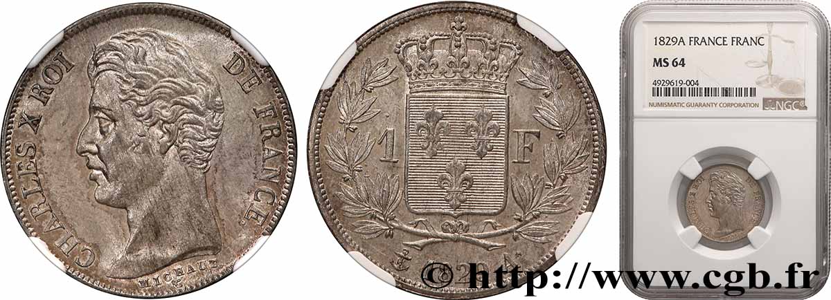 1 franc Charles X, matrice du revers à quatre feuilles 1829 Paris F.207A/12 SPL64 NGC