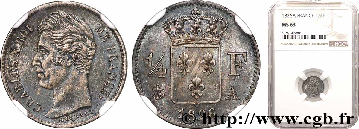 1/4 franc Charles X 1826 Paris F.164/2 fST63 NGC
