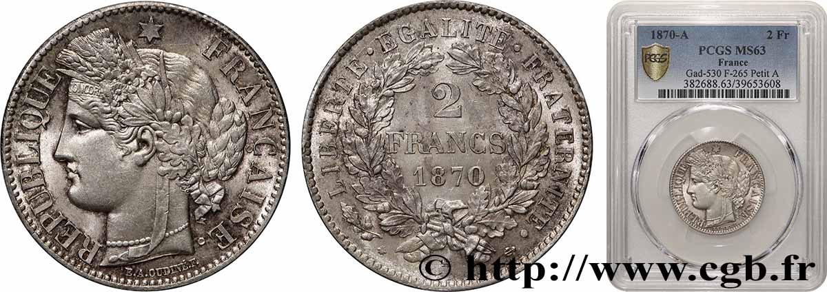 2 francs Cérès, avec légende 1870 Paris F.265/2 SPL63 PCGS