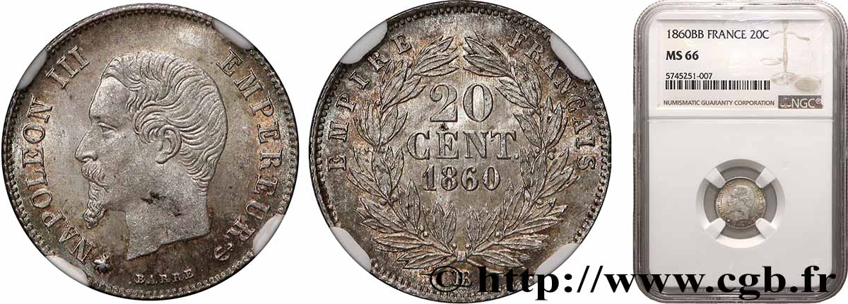 20 centimes Napoléon III, tête nue 1860 Strasbourg F.148/16 MS66 NGC