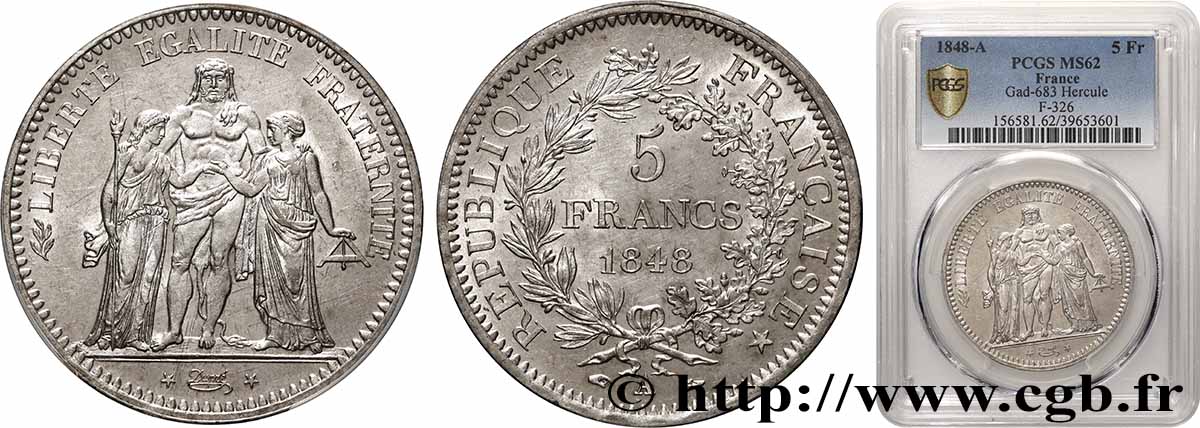 5 francs Hercule, IIe République 1848 Paris F.326/1 VZ62 PCGS