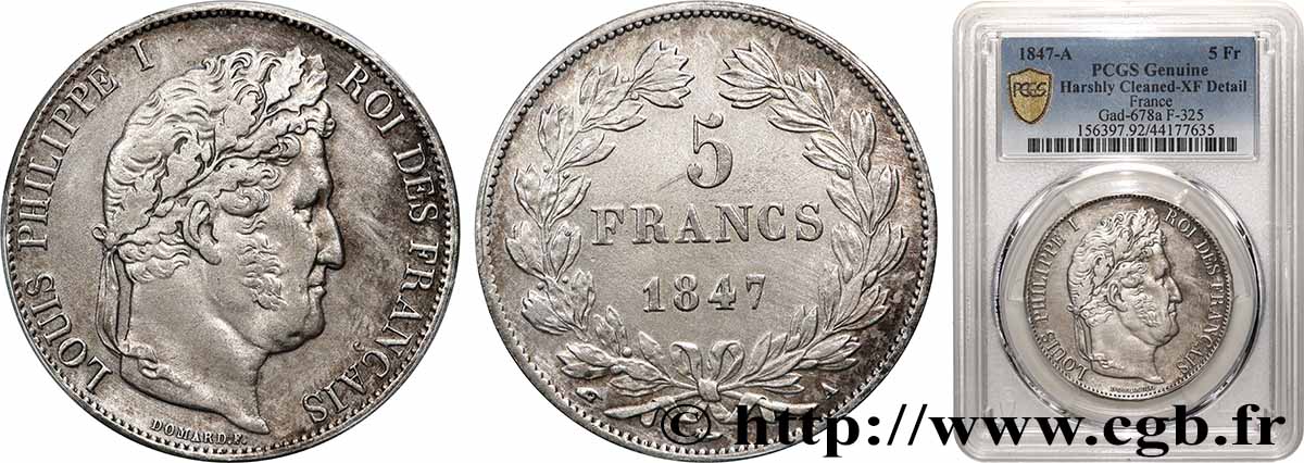 5 francs IIIe type Domard 1847 Paris F.325/14 XF PCGS