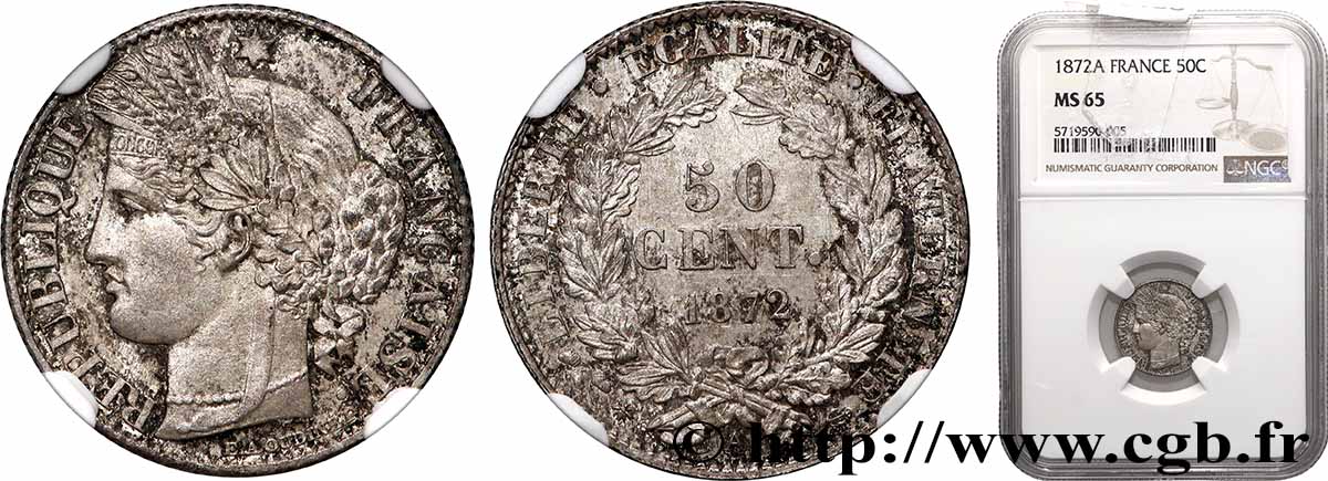 50 centimes Cérès, IIIe République 1872 Paris F.189/3 MS65 NGC