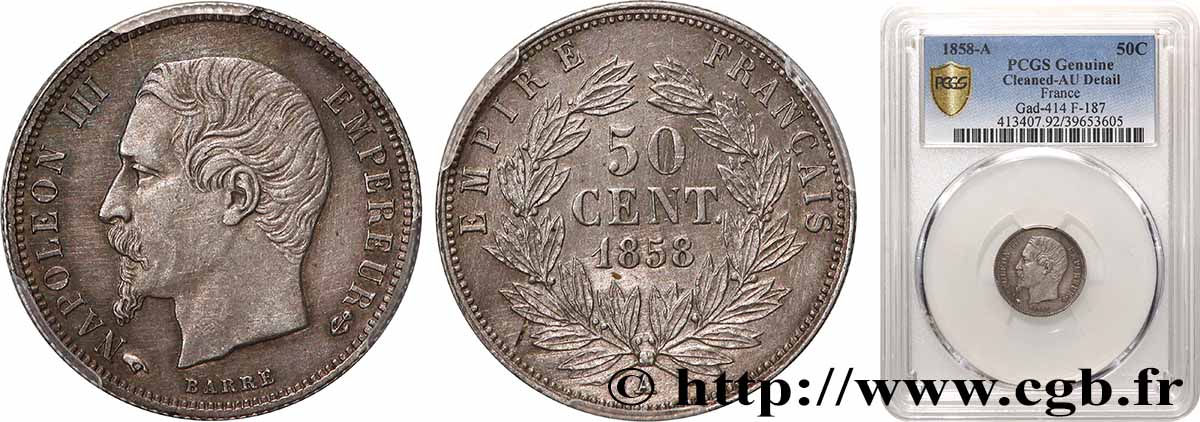 50 centimes Napoléon III, tête nue 1858 Paris F.187/9 AU PCGS