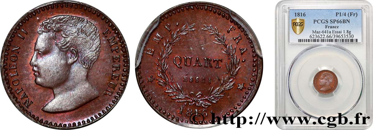 Essai de quart (de franc) en bronze 1816   VG.2411  ST66 PCGS