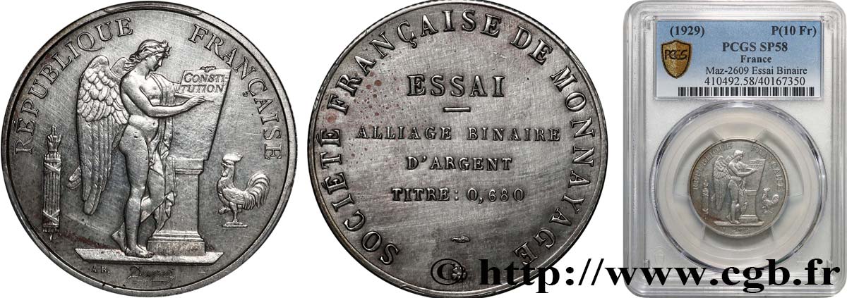Essai d’alliage binaire sur module de 10 Francs - 0,680 n.d.  GEM.171 3 VZ58 PCGS