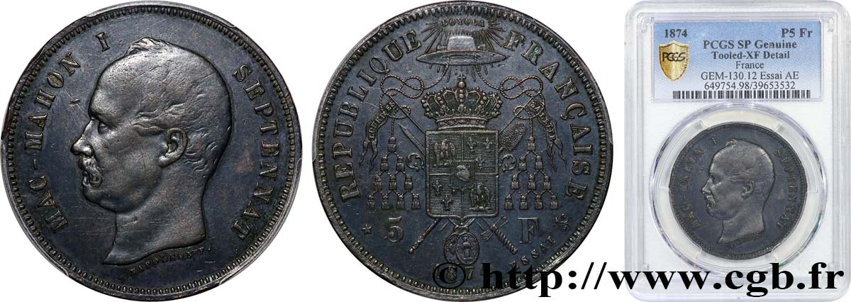 Essai de 5 francs Mac Mahon, Tranche en relief 1874  GEM.130 12 var. XF PCGS