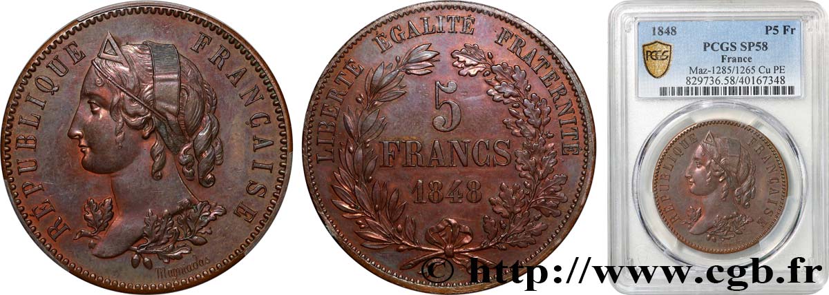 Concours de 5 francs, essai en cuivre par Magniadas 1848 Paris VG.3082 var VZ58 PCGS