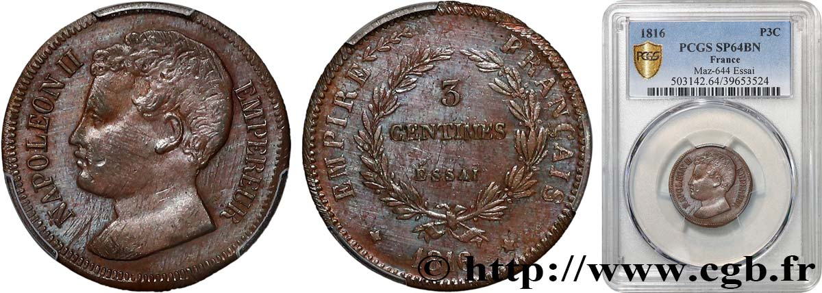 Essai de 3 centimes en bronze 1816  VG.2414  fST64 PCGS