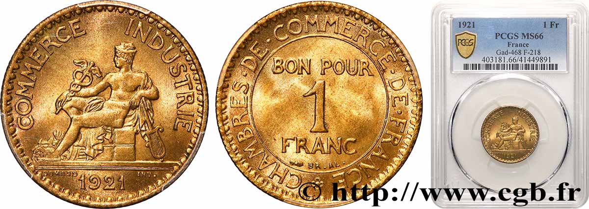 1 franc Chambres de Commerce 1921 Paris F.218/3 MS66 PCGS