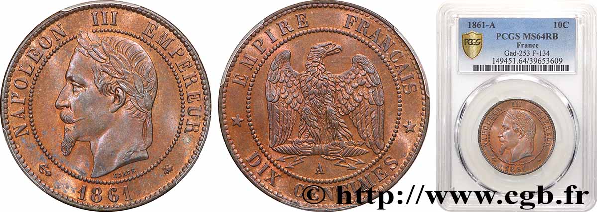 Dix centimes Napoléon III, tête laurée 1861 Paris F.134/4 fST64 PCGS