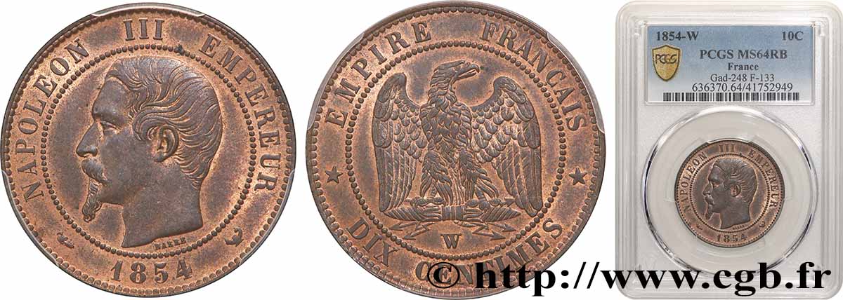 Dix centimes Napoléon III, tête nue 1854 Lille F.133/18 fST64 PCGS