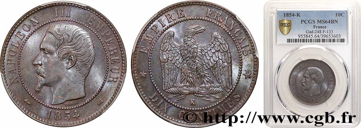 Dix centimes Napoléon III, tête nue 1854 Bordeaux F.133/16 MS64 PCGS
