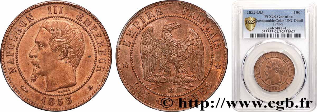 Dix centimes Napoléon III, tête nue 1853 Strasbourg F.133/4 MS PCGS
