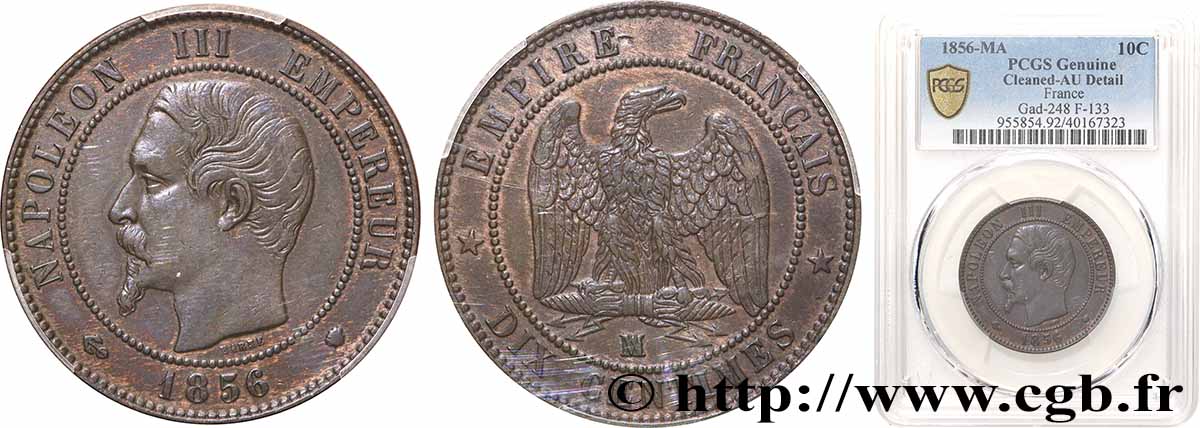 Dix centimes Napoléon III, tête nue 1856 Marseille F.133/39 AU PCGS
