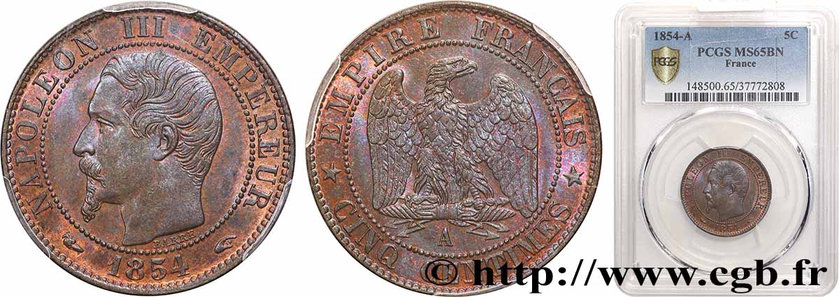 Cinq centimes Napoléon III, tête nue 1854 Paris F.116/8 FDC65 PCGS