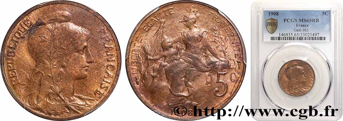 5 centimes Daniel-Dupuis 1908  F.119/19 FDC65 PCGS