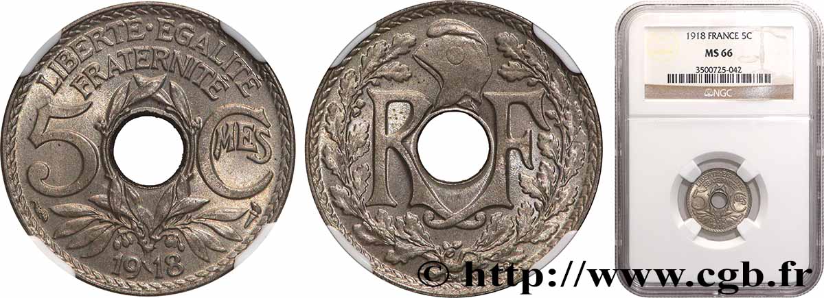 5 centimes Lindauer, grand module 1918 Paris F.121/2 MS66 NGC