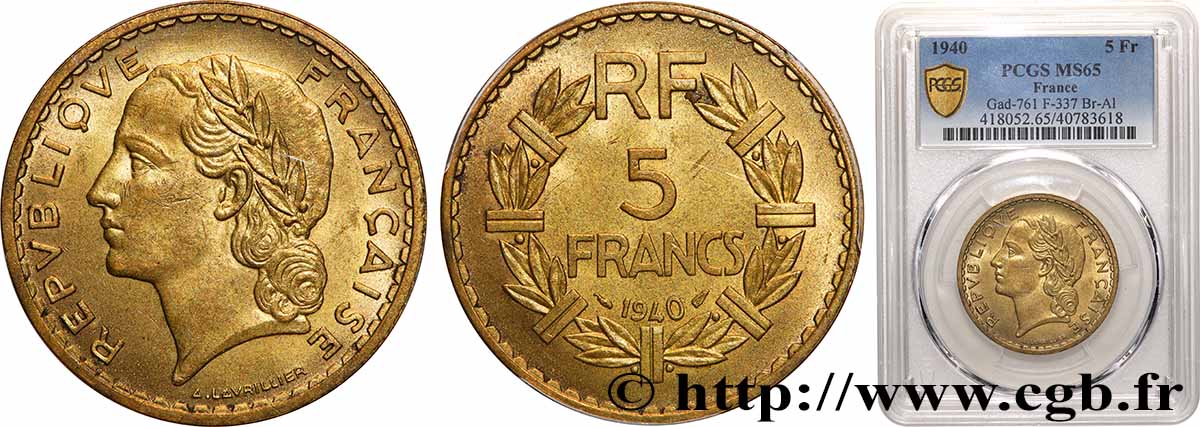 5 francs Lavrillier, bronze-aluminium 1940  F.337/4 ST65 PCGS