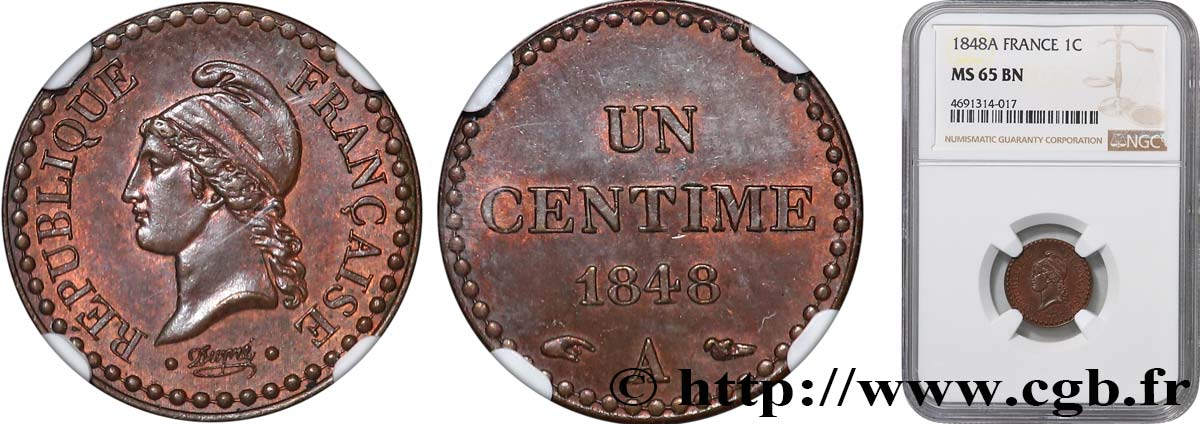 Un centime Dupré, IIe République 1848 Paris F.101/1 ST65 NGC
