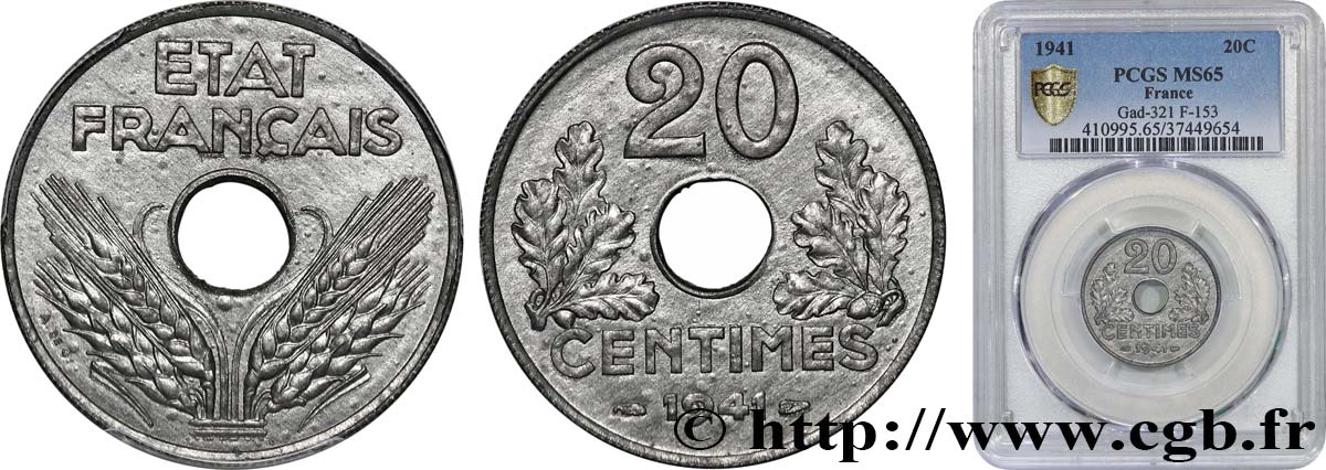 20 centimes État français, lourde 1941  F.153/2 ST65 PCGS